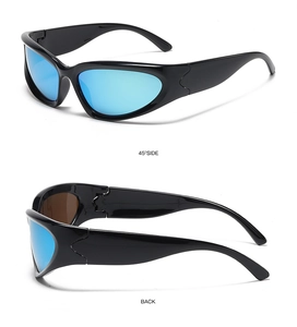 Detail view of sports sunglasses with black streamlined frames and blue reflective lenses