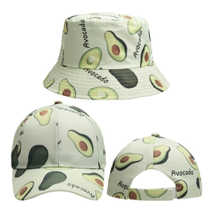 Detail view of avocado print bucket hat and baseball cap with adjustable back strap