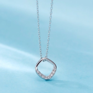 Minimalist S925 sterling silver square pendant necklace with sparkling zircon accents