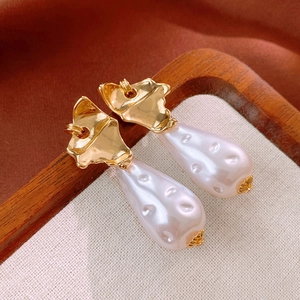 French vintage baroque pearl earrings with irregular gold leaf metal base for women