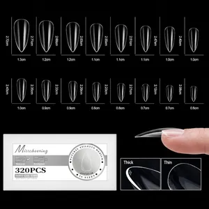 Detailed size chart for 16 sizes of stiletto soft gel nail tips in professional box