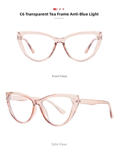 Detailed front and side views of transparent tea cat-eye blue light blocking frames