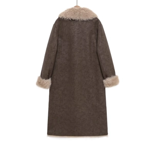 Manteau long en daim marron avec col en fourrure synthétique réversible pour femme