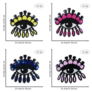 Size details of large sequin heart patches in yellow, magenta, blue, and purple colors