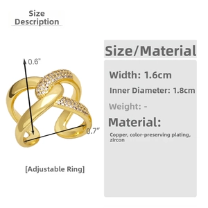 Detailed size chart for the gold crossover ring with 1.6cm width and 1.8cm diameter