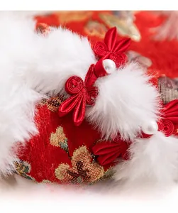 Detail of red satin pet vest with gold embroidery, plush fur trim, and pearl frog button