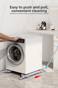 Adjustable washing machine base with rollers and anti-slip feet in a modern kitchen scene