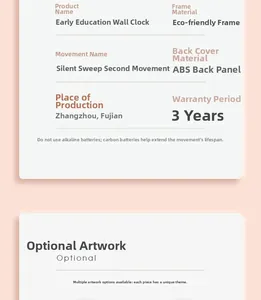 Detail view of educational wall clock with silent quartz movement and ABS back panel