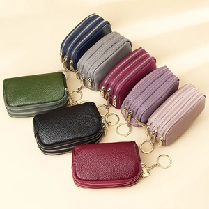Minimalist genuine leather mini coin purse with triple zipper and keychain in various colors