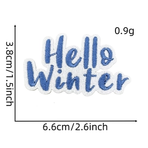 Detail of Hello Winter embroidered patch showing precise blue stitching and dimensions