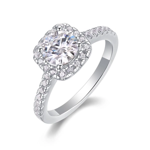 Elegant S925 silver moissanite ring with a large round stone and square halo setting