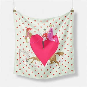 Tea Time square silk scarf with heart patterns and romantic medieval equestrian illustration
