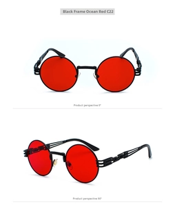 Steampunk round sunglasses with black metal frame and ocean red lenses from two angles