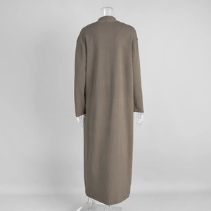 Rear view of long-line taupe knitted cardigan with soft texture and sleek floor-length cut