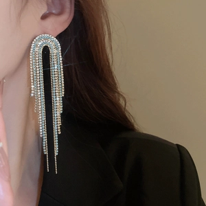 Macro view of long fringe tassel earrings with light blue and silver rhinestones on a model
