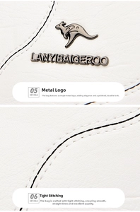 Close-up of black metal kangaroo logo and precision stitching on white lychee grain leather bag