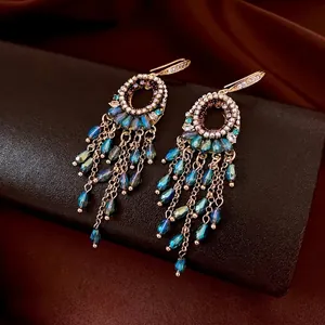 Ethnic vintage tassel earrings with zircon crystal hollow design and gold hook for women