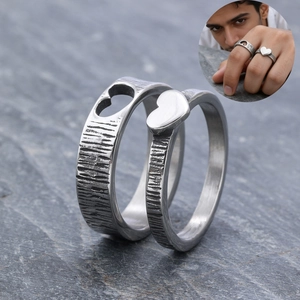 Heart Couple Rings Stainless Steel With Tree Bark Texture Vintage Simple Ins Style Jewelry For Lovers