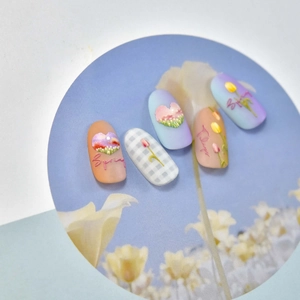 Embossed tulip nail art stickers with matte texture and Morandi floral patterns