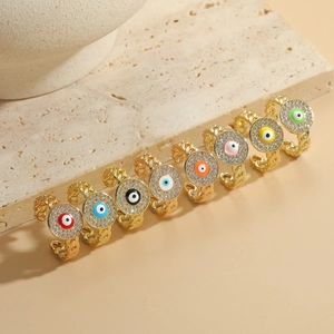 Luxury 14K Gold Plated Copper Evil Eye Ring For Women Fashion Colorful Zirconia Inlaid Chain Open Adjustable Ring Jewelry