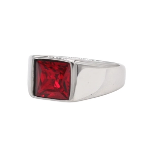 Minimalist silver titanium steel ring with a square red gemstone center and wide band