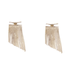 Elegant gold fringe earrings with a curved metal bar and long tassel drop for women