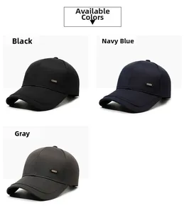 Detailed view of casual baseball caps in black, navy, and grey with metal Sport badges