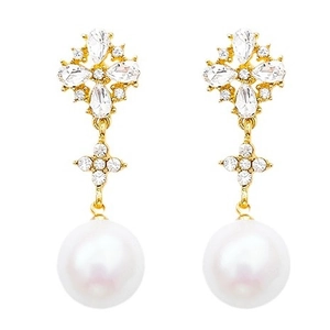 Elegant gold bow tassel earrings with zircon stars and hanging white pearls for women