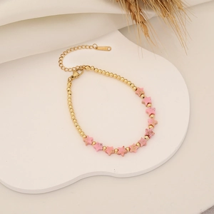 Handmade 18K gold plated bead bracelet with pink natural stone star charms and extender