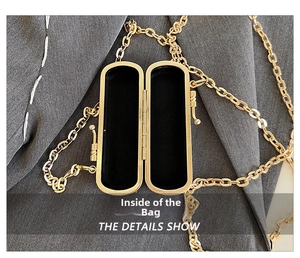 Detail view of mini gold hardshell evening bag with black velvet lining and chain
