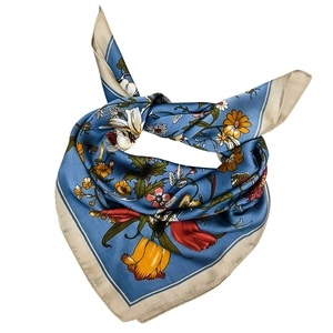 Sky blue floral silk square scarf with butterfly print and cream border knotted style