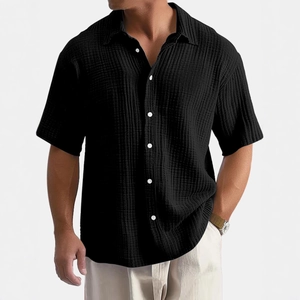 Black short sleeve button-down cotton shirt for men with breathable waffle texture