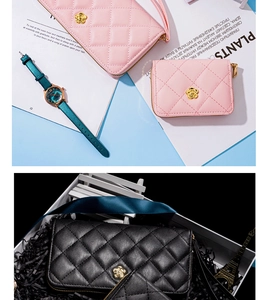 Detail of quilted leather wallets with golden camellia hardware and matching quartz watch