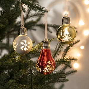 LED Christmas bulb ornaments in red, gold, and white hanging on a festive tree branch