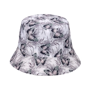 Detail of off-white canvas bucket hat featuring purple butterfly and leaf print