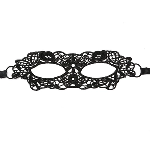 Detailed view of intricate black lace masquerade mask with ornate embroidery patterns