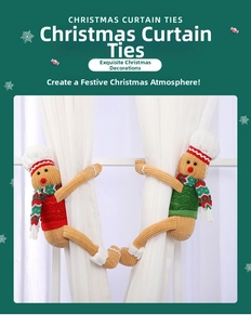 Macro detail of knit gingerbread man curtain tiebacks with festive striped scarves