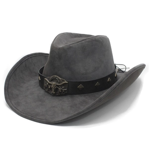 Western Cowboy Hat PU Leather Suede Retro Wide Brim With Bull Head Buckle Vintage Ethnic Style For Men Women Party