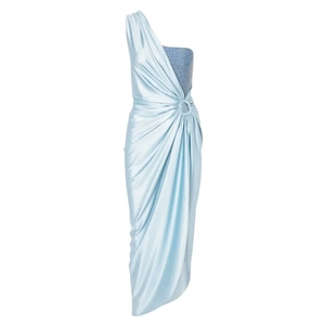 Elegant light blue one-shoulder satin dress with sequin detail and side waist ring buckle
