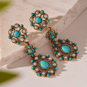 Vintage gold hollow flower earrings with turquoise beads and faux pearls on stone