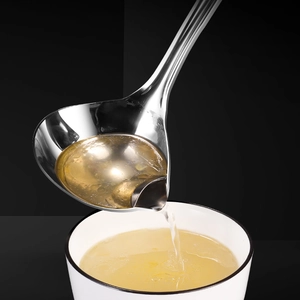 Polished 304 stainless steel fat separator spoon for kitchen oil filtering and soup serving