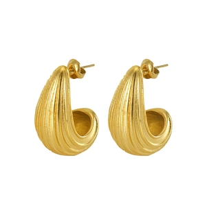 Detailed close-up of 18K gold plated hoop earrings with textured geometric stripes