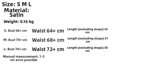 Tabella taglie dettagliata per corsetto in raso con misure S, M, L in centimetri