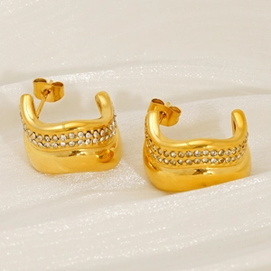 Gold-plated C-shaped water ripple earrings with double-row sparkling zircon crystals