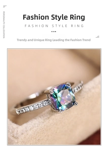 Macro detail of silver square rainbow zircon ring with secure four-prong setting