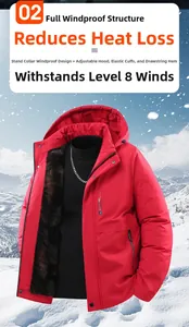 Macro view of windproof structure and thick faux fur lining in men's red winter parka