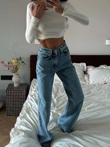 Vintage-Damenjeans mit hoher Taille und weitem Bein in verwaschenem Blau für Streetwear