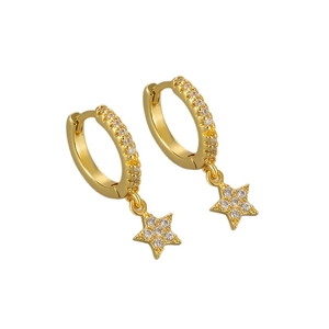 Elegant gold star huggie earrings with sparkling cubic zirconia on a white background