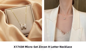 Macro view and model wearing a gold H-letter necklace with micro-pave zircons