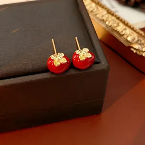 Retro Persimmon Stud Earrings Enamel Alloy With Silver Earring Post Vintage Style Elegant Jewelry For Women